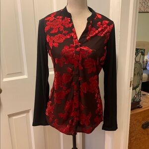 NY Collection Red and Black Fitted Blouse with Mandarin Collar